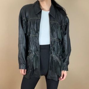 Vintage leather tiered fringe studded jacket